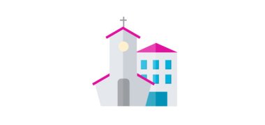 Eine stilisierte Kirche und ein Haus.