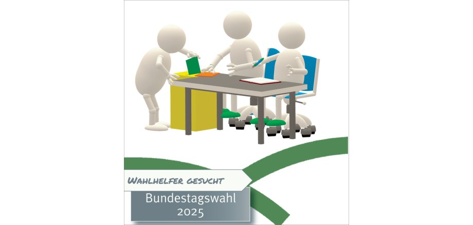 Zwei illustrierte weiße Figuren sitzen an einem Tisch vor Unterlagen, links steht eine gelbe Wahlurne, in die eine weitere Figur eine grüne Karte steckt. Darunter sind die beiden grünen Bögen des VG-Logos und der Schriftzug Wahlhelfer gesucht - Bundestagswahl 2025 angebracht. 