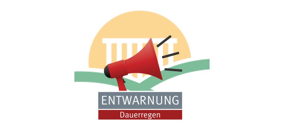 Vor dem Logo der Verbandsgemeinde Weißenthurm mit sieben Säulen vor einem gelben Halbkreis und darunter zwei grüne Bögen, die sich in der Mitte berühren ist ein großes rotes Megafon mit drei Strichen, die eine Ansage symbolisieren. Darunter steht Entwarnung Dauerregen