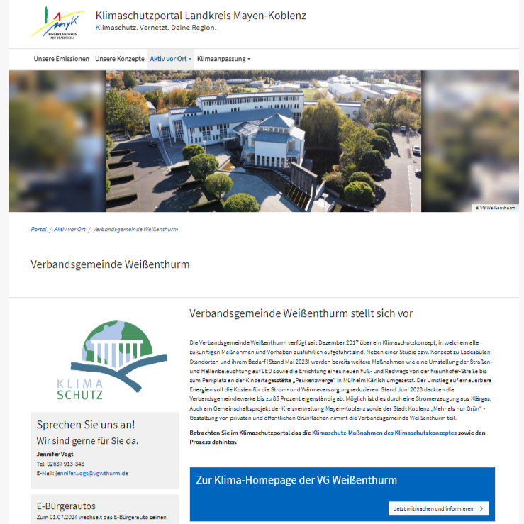 Ein Screenshot zeigt die Startseite für die Verbandsgemeinde Weißenthurm auf dem Internetportal, das der Landkreis Mayen-Koblenz zum Klimaschutz eingerichtet hat.