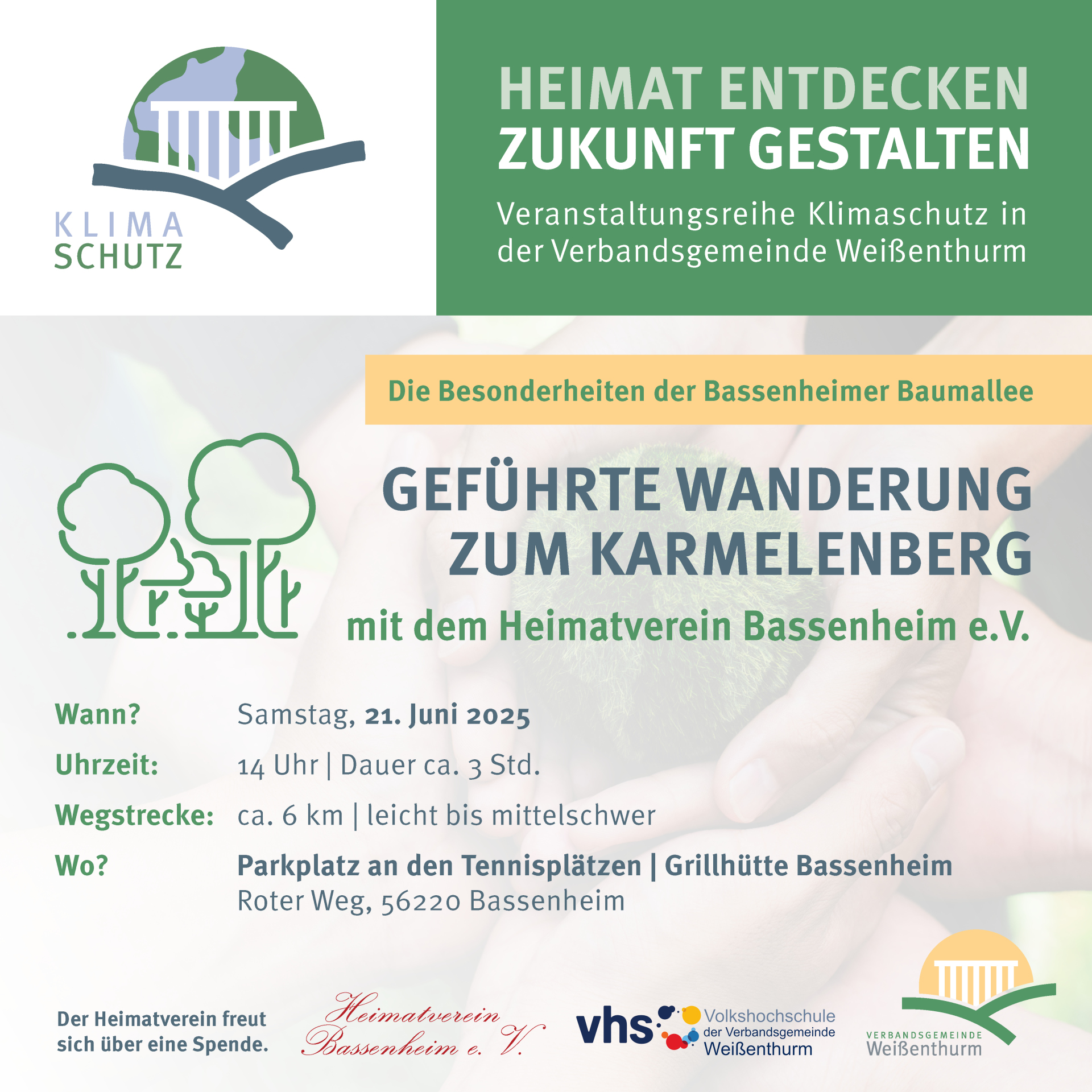Geführte Wanderung Karmelenberg Neben dem blau-grün gestalteten Klimaschutz-Logo der VG steht Heimat entdecken - Zukunft gestalten. Darunter sind die Angaben zu der Wanderung mit Ort, Datum und Anmeldehinweise.