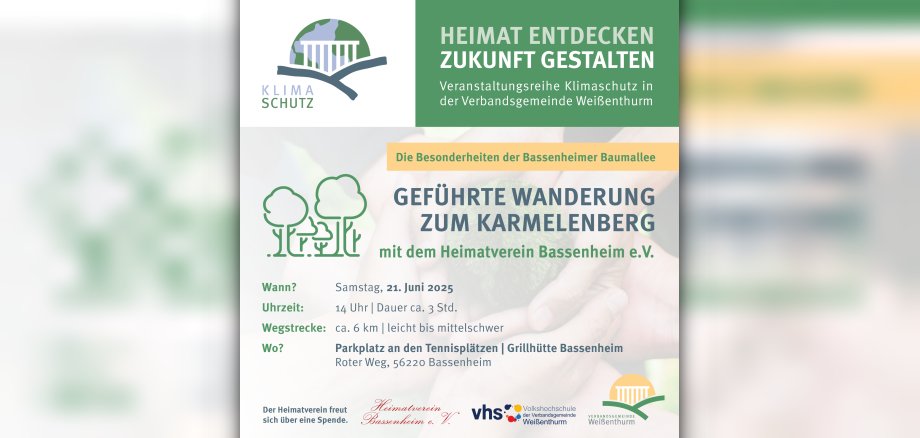 Neben dem blau-grün gestalteten Klimaschutz-Logo der VG steht Heimat entdecken - Zukunft gestalten. Darunter sind die Angaben zu der Wanderung mit Ort, Datum und Anmeldehinweise. 
