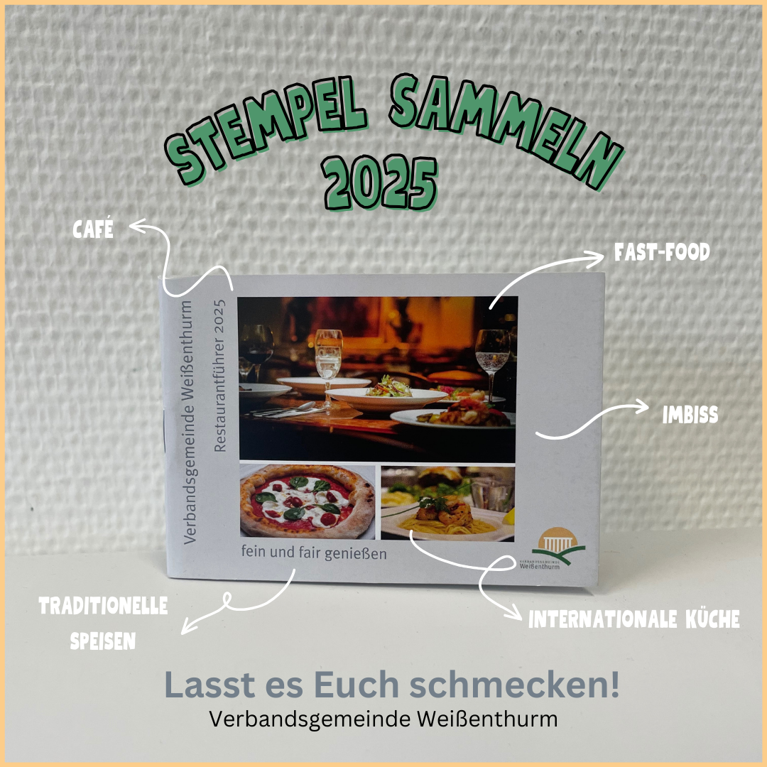 Der Restaurantführer steht aufrecht und ist mit Pfeilen versehen, an deren Ende die Begriffe Café, traditionelle Speisen, Fast Foo, Imbiss und Internationale Küche stehen. Darüber steht Stempel sammeln 2025, unter dem Bild Lasst es Euch schmecken und Verbandsgemeinde Weißenthurm. 