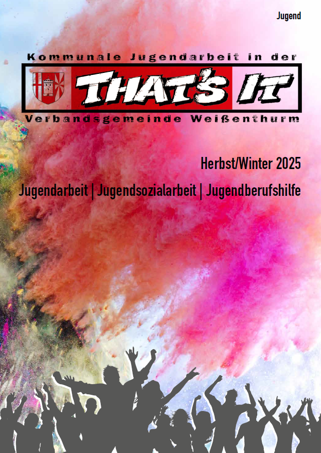 that´s it - Kalender 2. Halbjahr 2025 Jugendliche Titelblatt des Kalenders der kommunalen Jugendarbeit für das 2. Halbjahr 2025 mit Angeboten für Jugendliche.