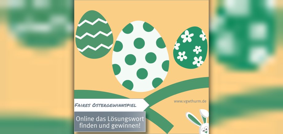 drei grün-weiße Ostereier auf gelben Hintergrund mit Osterhasen und Hinweistext zum Gewinnspiel