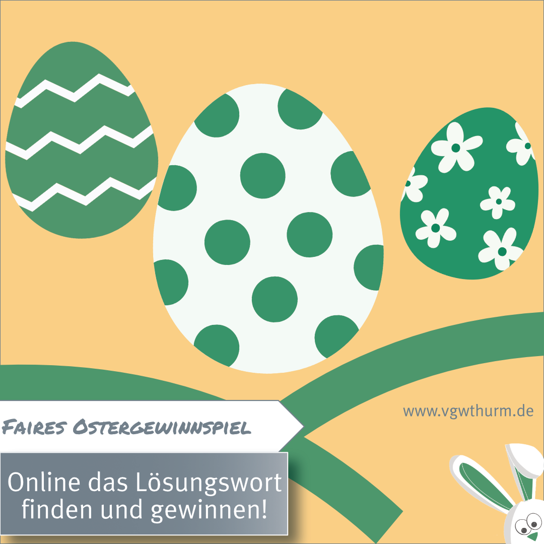 drei grün-weiße Ostereier auf gelben Hintergrund mit Osterhasen und Hinweistext zum Gewinnspiel
