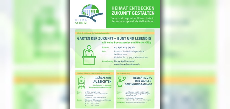 Neben dem blau-grün gestalteten Klimaschutz-Logo der VG steht Heimat entdecken - Zukunft gestalten. Darunter sind drei Veranstaltungen aufgeführt, jeweils in separaten Quadraten angeordnet. 