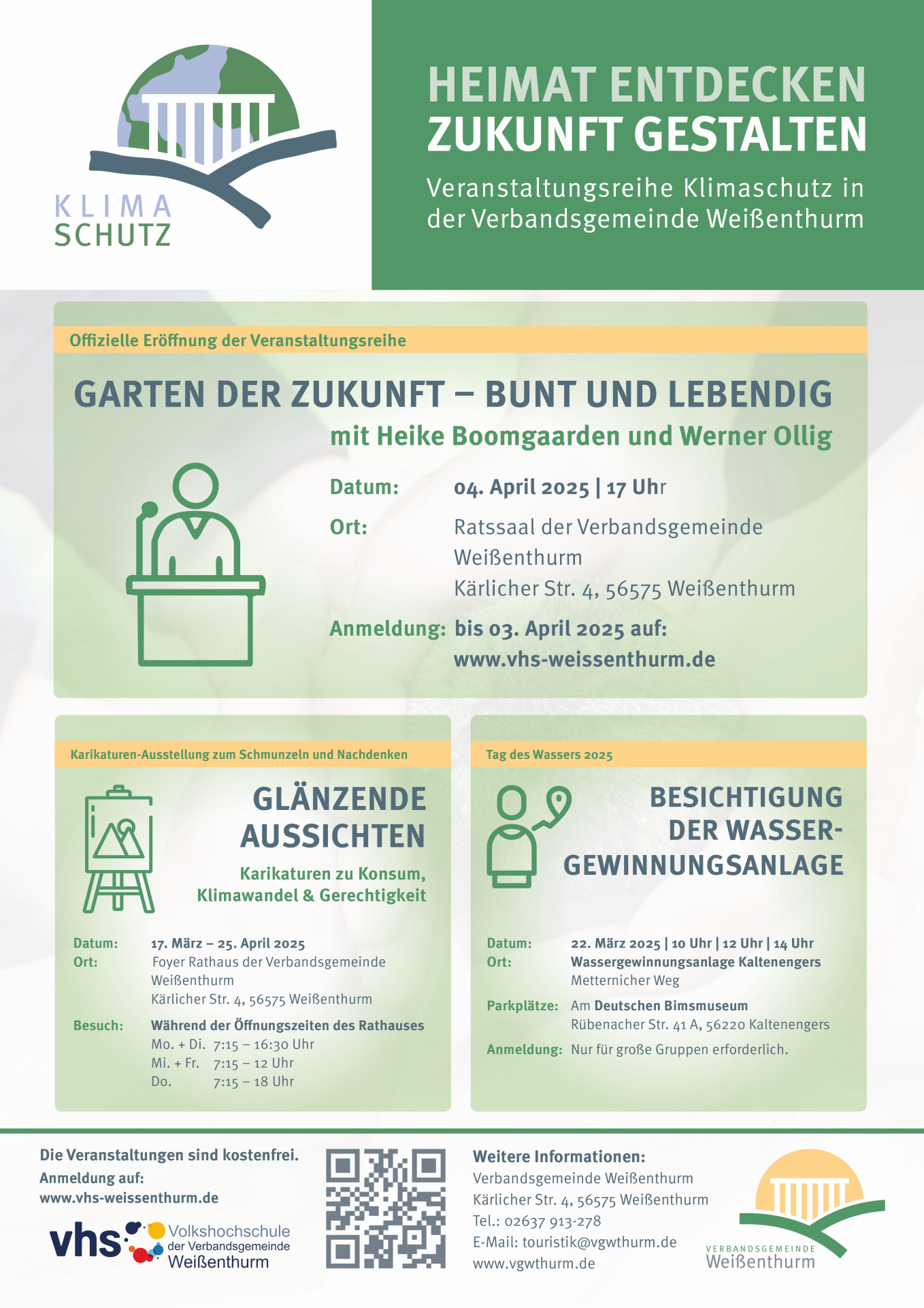 Übersicht Veranstaltungen Klimaschutzreihe Neben dem blau-grün gestalteten Klimaschutz-Logo der VG steht Heimat entdecken - Zukunft gestalten. Darunter sind drei Veranstaltungen aufgeführt, jeweils in separaten Quadraten angeordnet.