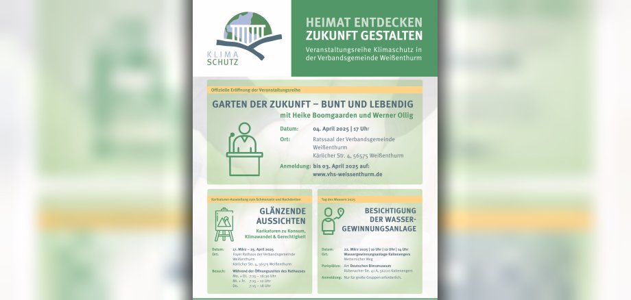 Neben dem blau-grün gestalteten Klimaschutz-Logo der VG steht Heimat entdecken - Zukunft gestalten. Darunter sind drei Veranstaltungen aufgeführt, jeweils in separaten Quadraten angeordnet. 