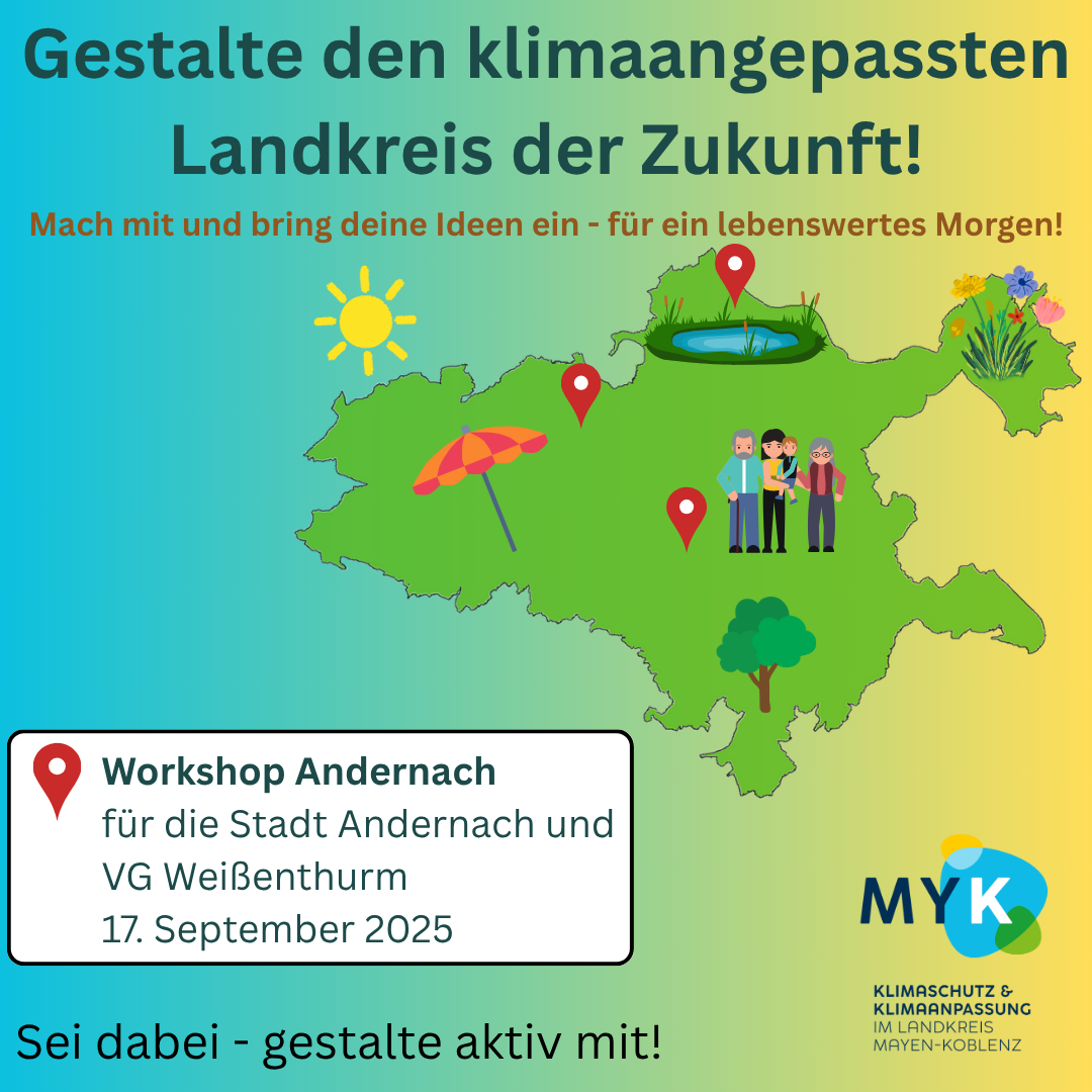 Workshop Klimaanpassung Auf einer stilisierten Karte sind die Umrisse des Kreises Mayen-Koblenz hervorgehoben, darin sind die drei Orte, an denen die Workshops stattfinden, markiert. Es sind Figuren, Bäume und links oben eine Sonne abgebildet.