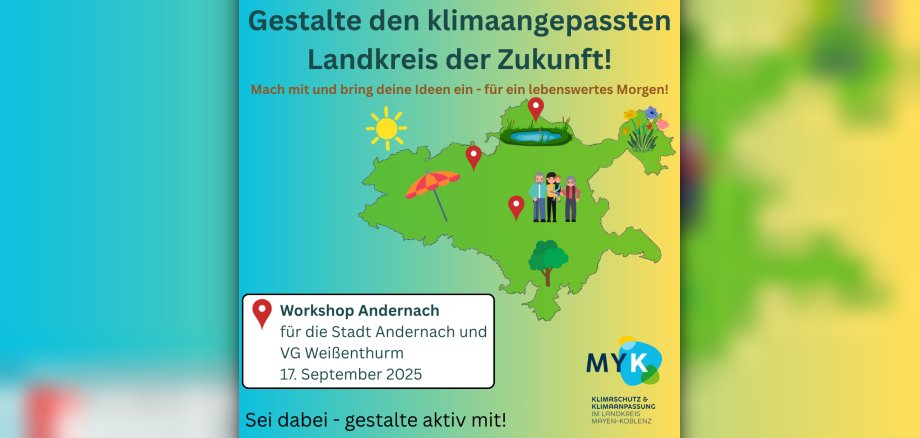 Auf einer stilisierten Karte sind die Umrisse des Kreises Mayen-Koblenz hervorgehoben, darin sind die drei Orte, an denen die Workshops stattfinden, markiert. Es sind Figuren, Bäume und links oben eine Sonne abgebildet. 
