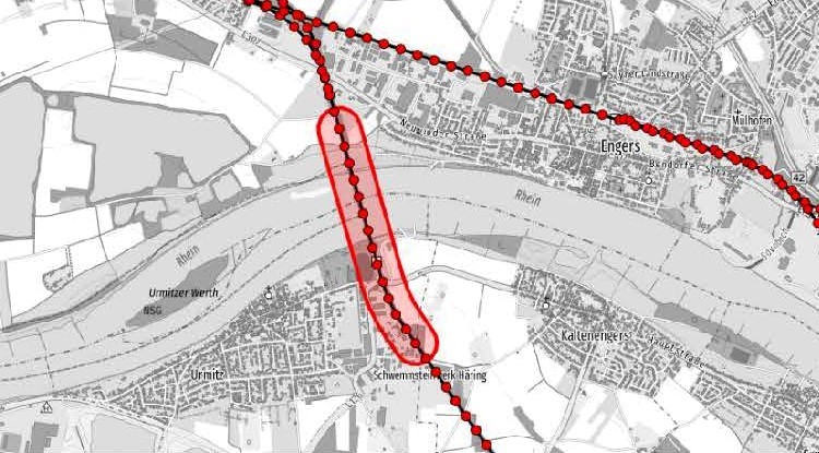 DB Baumaßnahme Plan Auf einem Plan des Bereichs zwischen Neuwied und Kesselheim ist die Strecke, an der die Bauarbeiten der DB stattfinden, rot markiert.