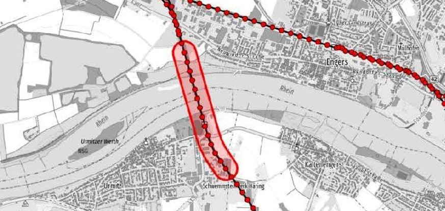 Auf einem Plan des Bereichs zwischen Neuwied und Kesselheim ist die Strecke, an der die Bauarbeiten der DB stattfinden, rot markiert.