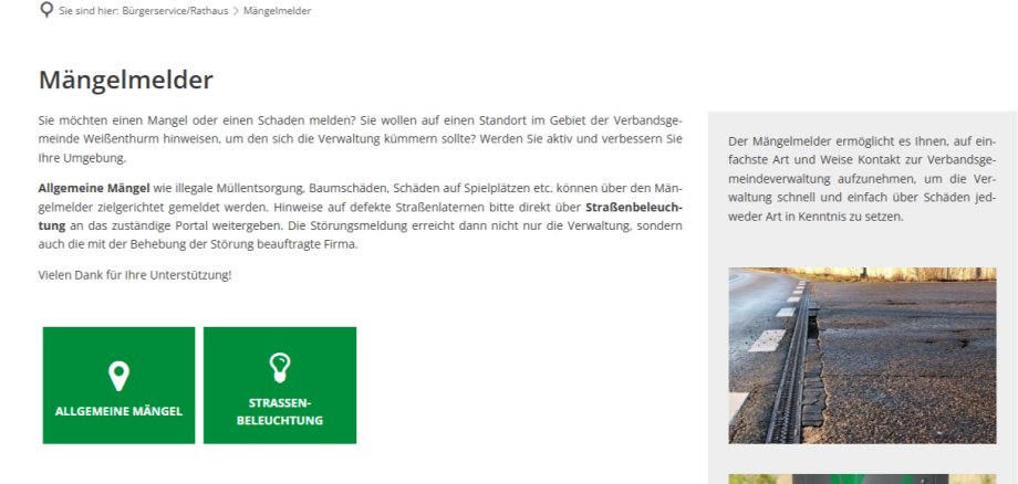 Screenshot der Internetseite der VG Weißenthurm mit der Seite zum Mängelmelder.