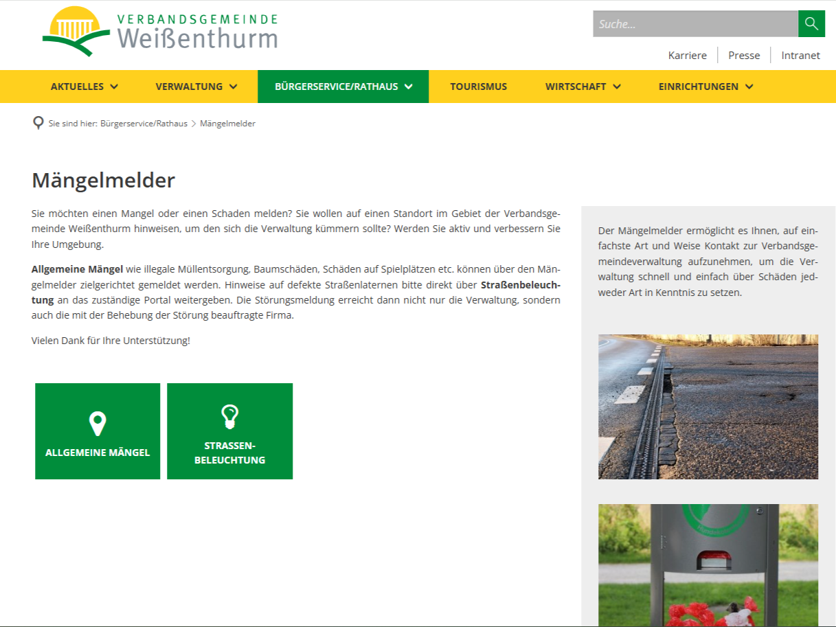 Seite Mängelmelder Internetseite VG Weißenthurm Screenshot der Internetseite der VG Weißenthurm mit der Seite zum Mängelmelder.