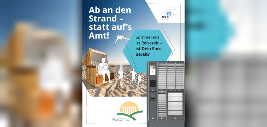 Unten rechts ist im Vordergrund der Amt-O-Mat abgebildet, im Hintergrund ein Strand mit stilisierten Personen, links ein Strandkort mit einem stilisierten Leser mit Buch darin.
