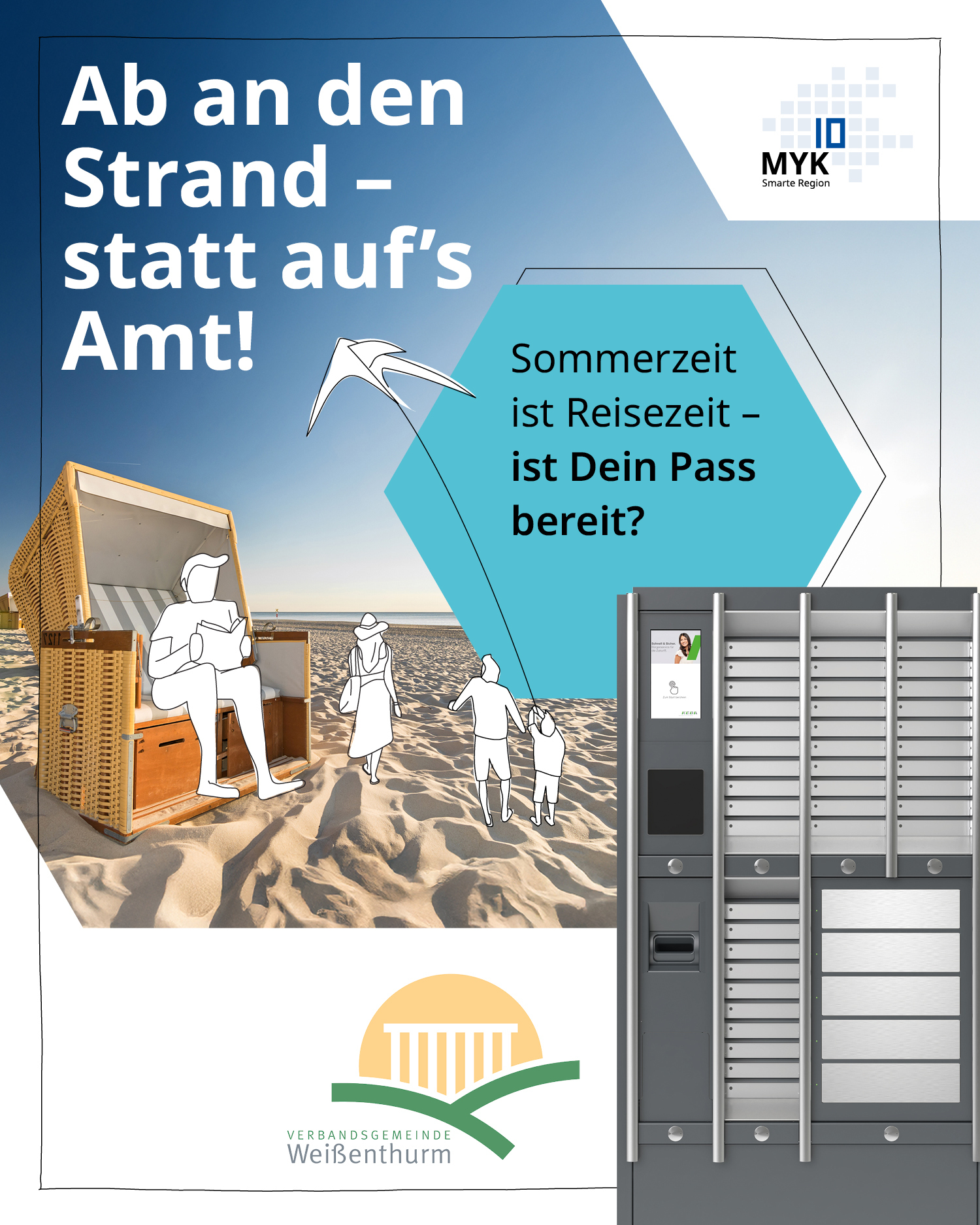Sommerzeit ist Reisezeit: Amt-O-Mat nutzen Unten rechts ist im Vordergrund der Amt-O-Mat abgebildet, im Hintergrund ein Strand mit stilisierten Personen, links ein Strandkort mit einem stilisierten Leser mit Buch darin.
