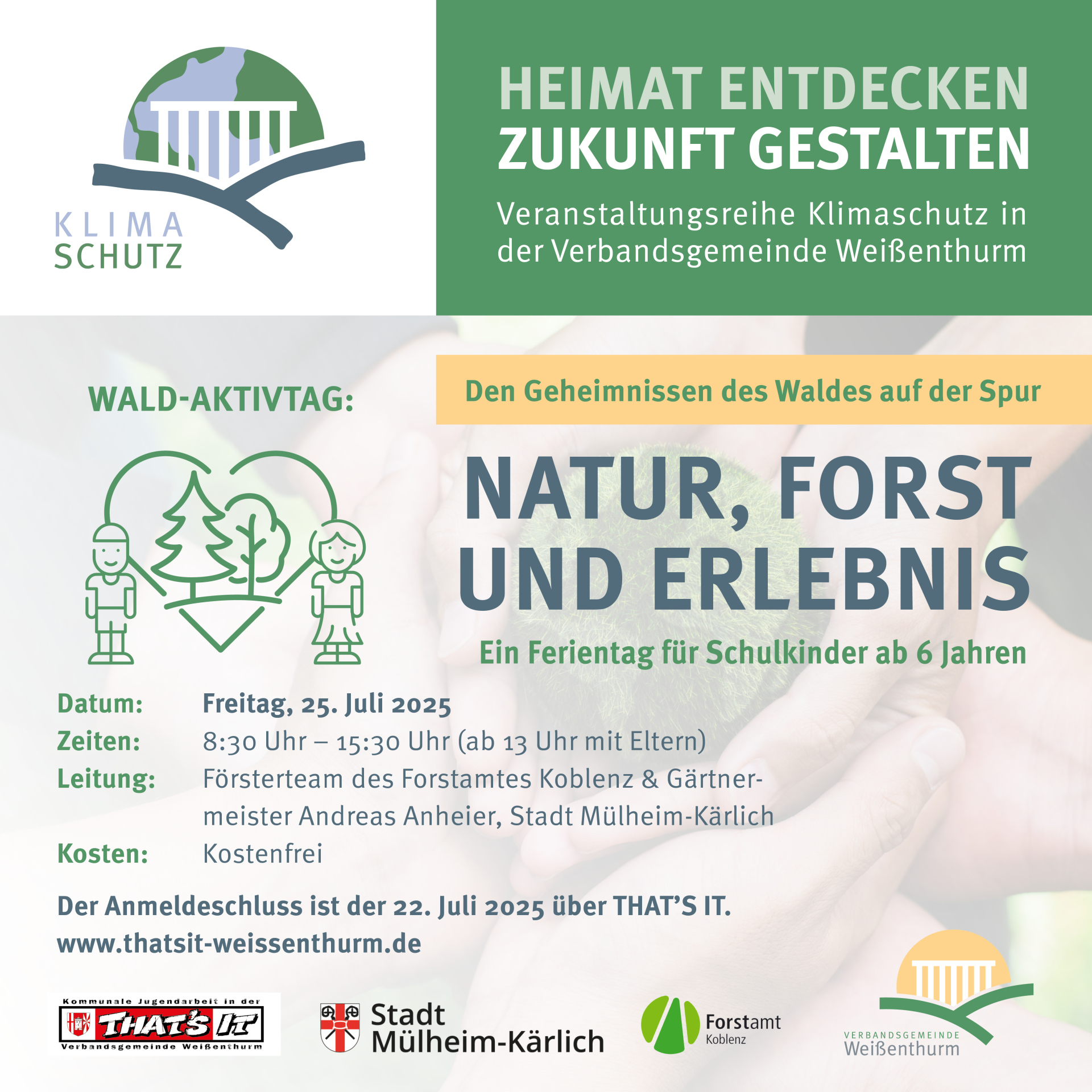 Waldaktivtag In dem Muster der Klimaschutzreihe "Heimat entdecken - Zukunft gestalten" ist die Ankündigung eines Waldaktivtages für Schulkinder gestaltet.
