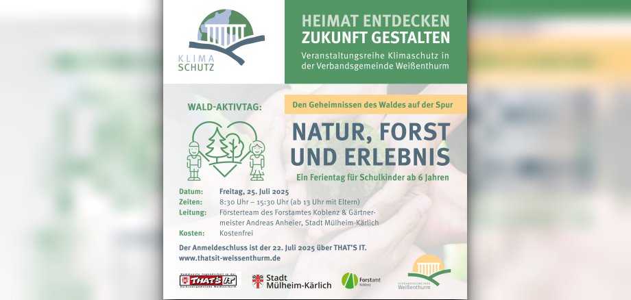 In dem Muster der Klimaschutzreihe "Heimat entdecken - Zukunft gestalten" ist die Ankündigung eines Waldaktivtages für Schulkinder gestaltet.