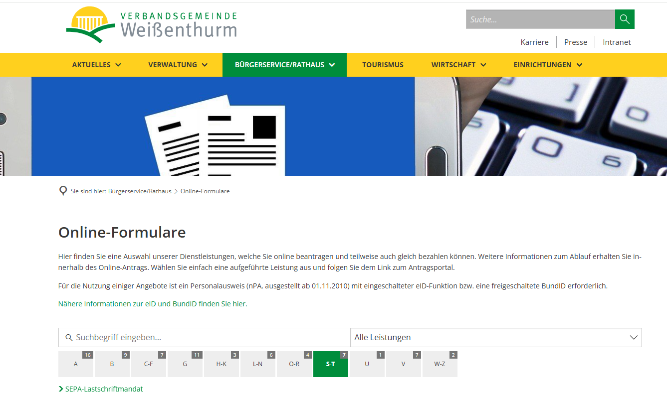 Screenshot SEPA-Lastschriftmandat Der Screenshot zeigt die Internetseite der VG Weißenthurm mit der neune Formular für das SEPA-Mandat.