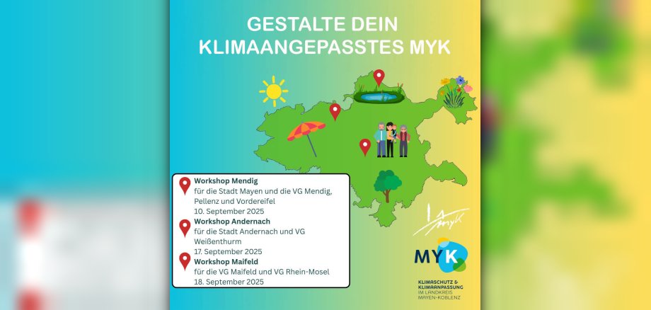 Auf einer stilisierten Karte sind die Umrisse des Kreises Mayen-Koblenz hervorgehoben, darin sind die drei Orte, an denen die Workshops stattfinden, markiert. Es sind Figuren, bäume und links oben eine Sonne abgebildet. 