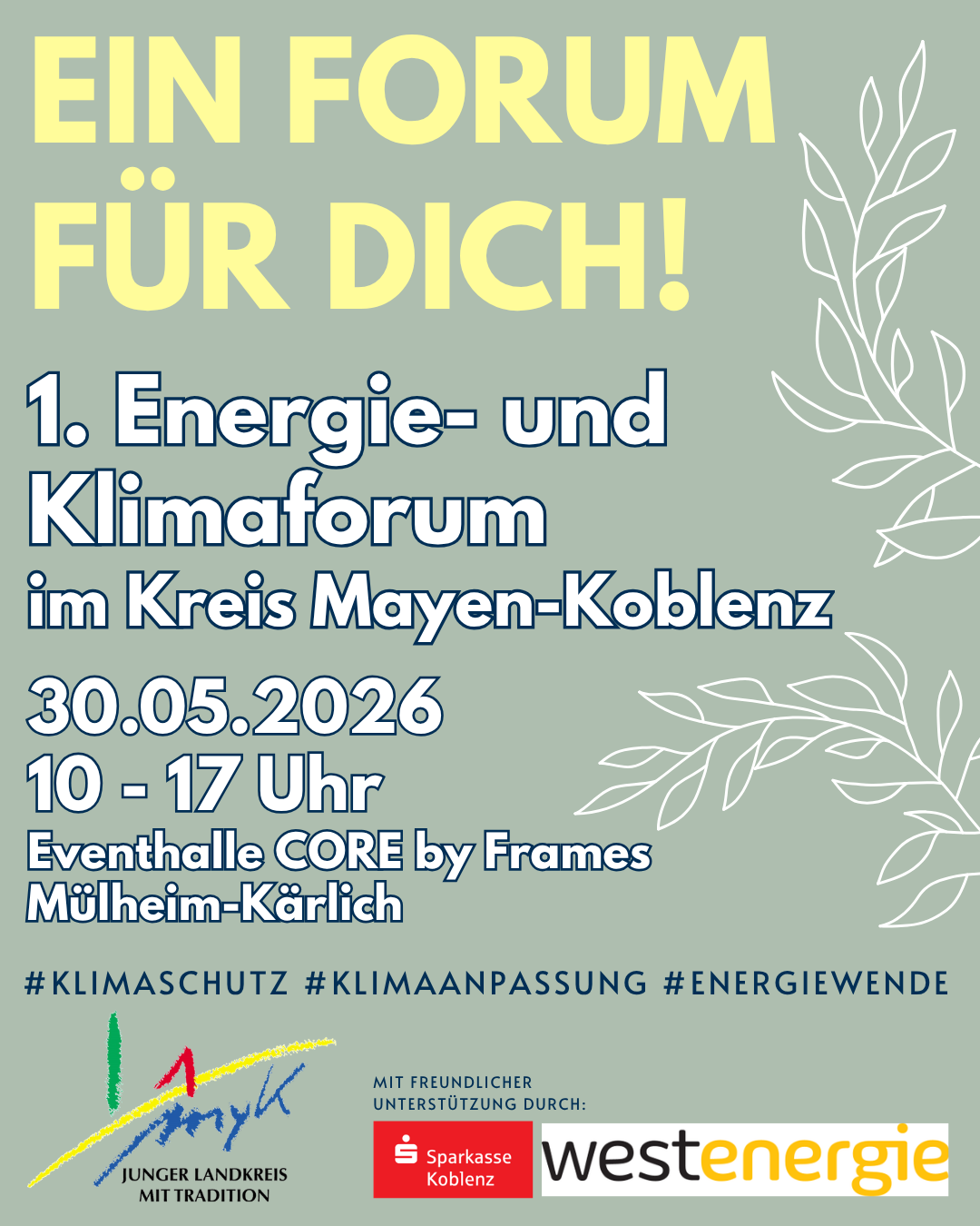 Auf grauem Grund stehen die Angaben zum 1. Energie- und Klimaforum des Landkreises mit den Logos aller Beteiligter.