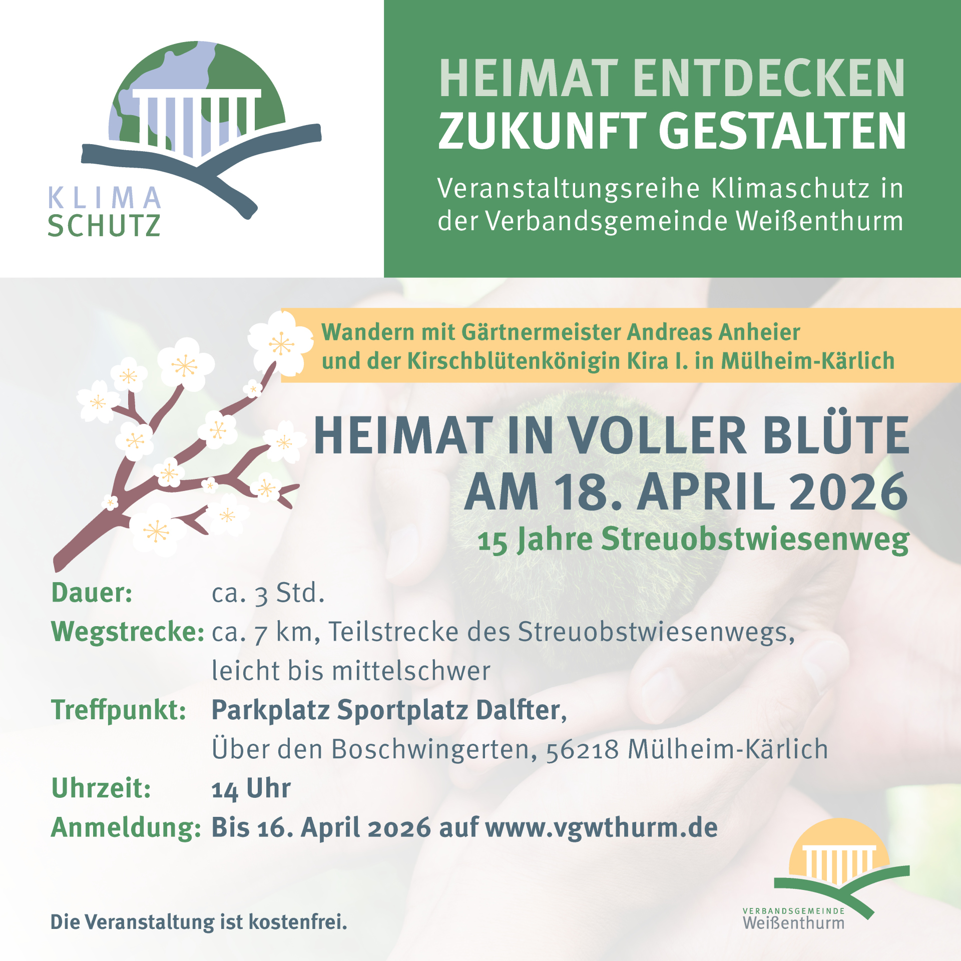 Ankündigung Wanderung Streuobstwiesenweg Im Design der Veranstaltungsreihe "Heimat entdecken - Zukunft gestalten" stehen alle relevanten Informationen zu der Wanderung.