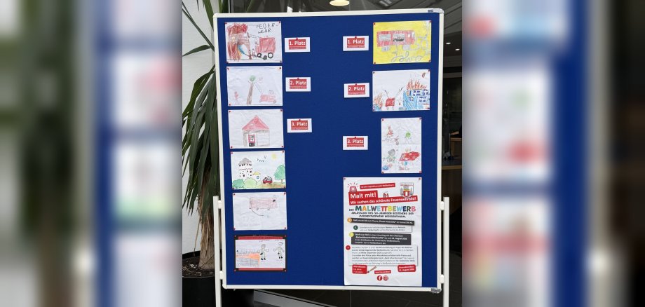 Malwettbewerb 50 Jahre Jugendfeuerwehr Weißenthurm Siegerbilder Auf einer blauen Ausstellungswand hängen die ausgezeichneten Siegerbilder des Malwettbewerbs.