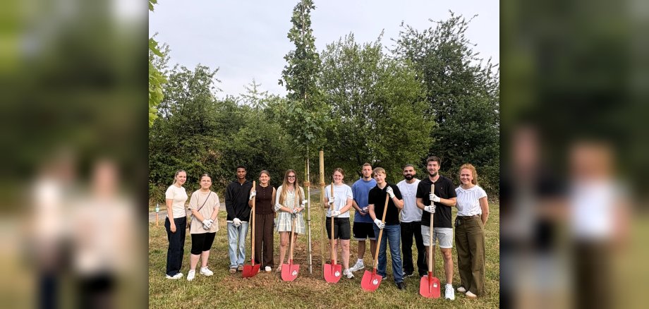 Baumpflanzaktion Foto Gruppe Die Azubis stehen neben dem frisch gepflanzten Baum.