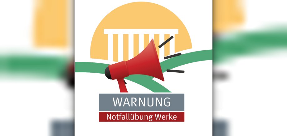 Warnung Übung Werke Ein rotes Megafon ist vor dem VG-Logo platziert, darunter der Schriftzug Warnung und Übung Werke.