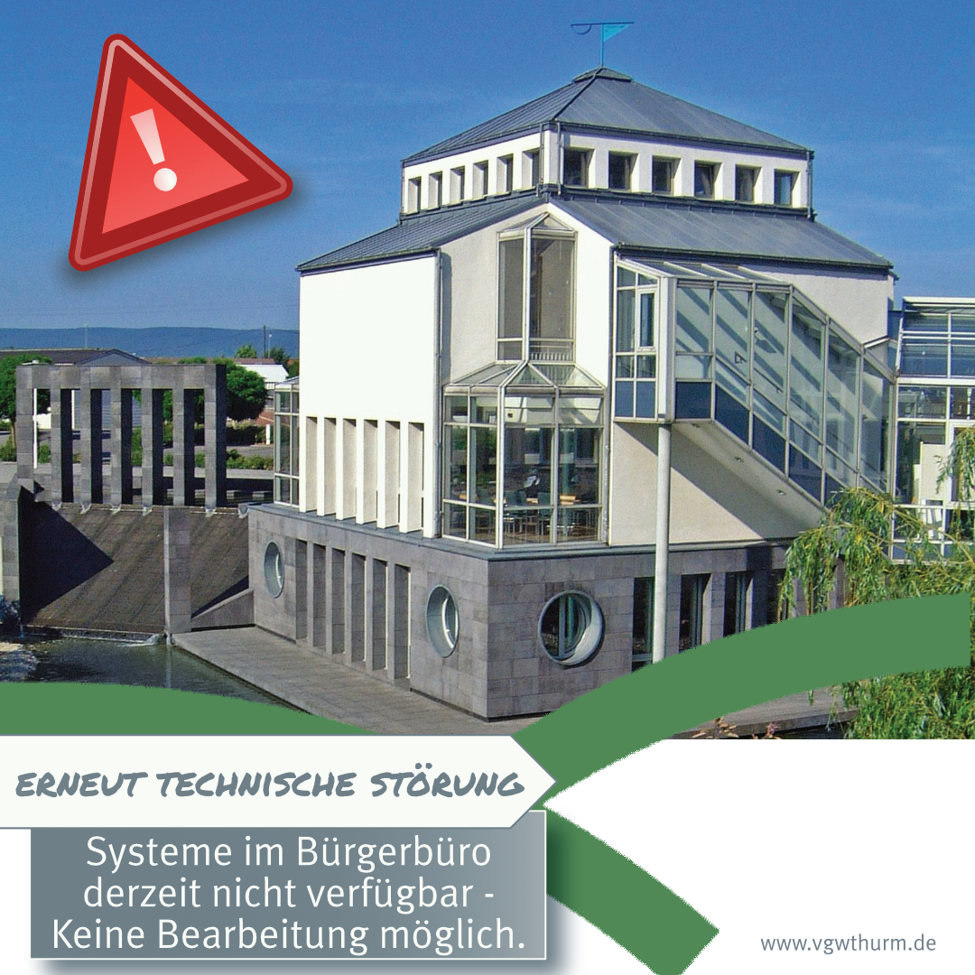Erneute IT-Störung Grafik Vor dem Bild des Rathauses ist der Hinweis zur erneuten IT-Störung markiert.
