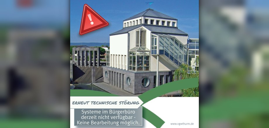 Erneute IT-Störung Grafik Vor dem Bild des Rathauses ist der Hinweis zur erneuten IT-Störung markiert.