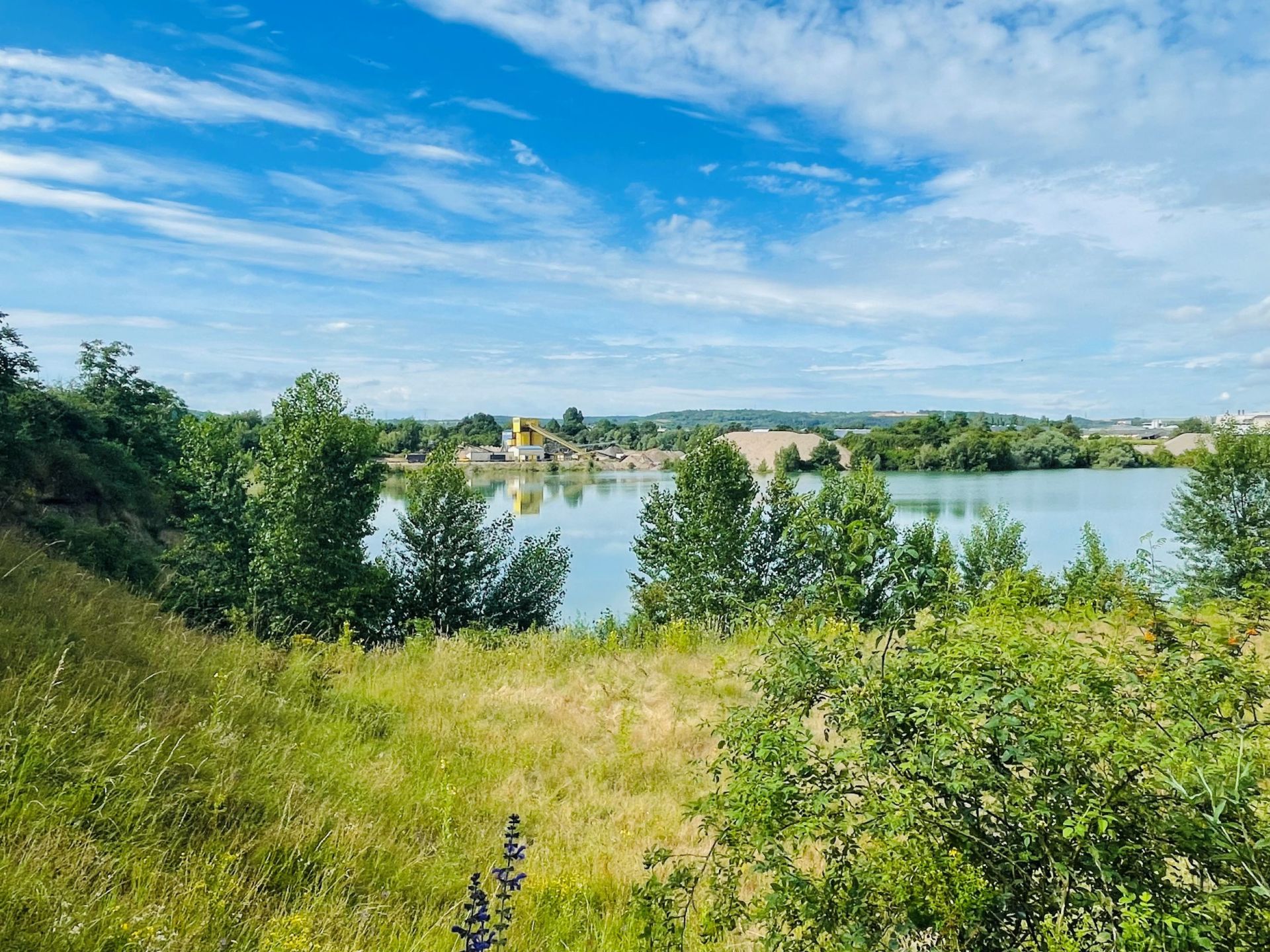 Unter sommerlich blauem Himmel ist der in die Landschaft eingebettete Kiesweiher zu sehen. 