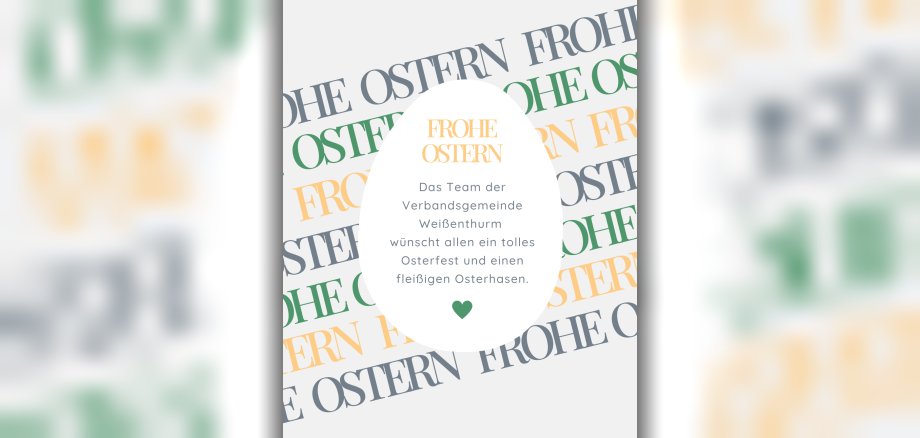 Vor dem vielfachen Schriftzug "Frohe Ostern" steht in einem eiförmigen Feld ein Ostergruß.