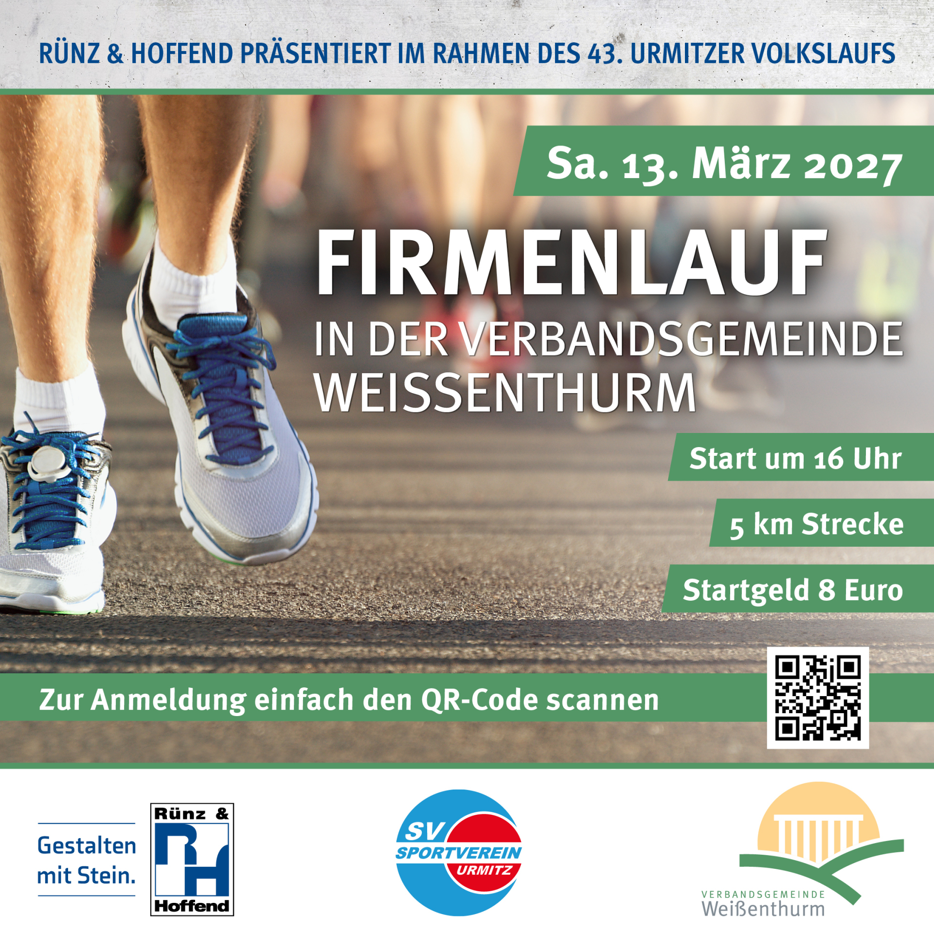 Neben laufenden Beinen mit Sportschuhen in Nahaufnahme sind die Daten und Angaben zu dem Firmenlauf notiert, darunter die Logos des Sponsors, des SV Urmitz und der VG.
