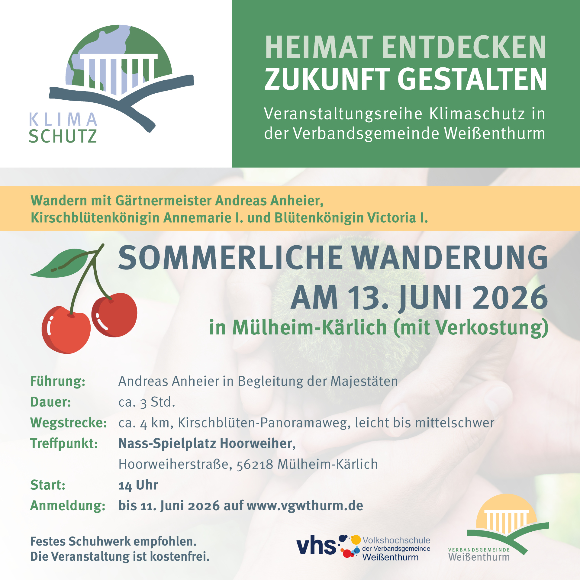 Grafik Sommerwanderung Ein paar rote Kirschen symbolisiert den Obstanbau, in dem es bei der im Stil der Klimaschutzreihe angekündigten Wanderung geht.