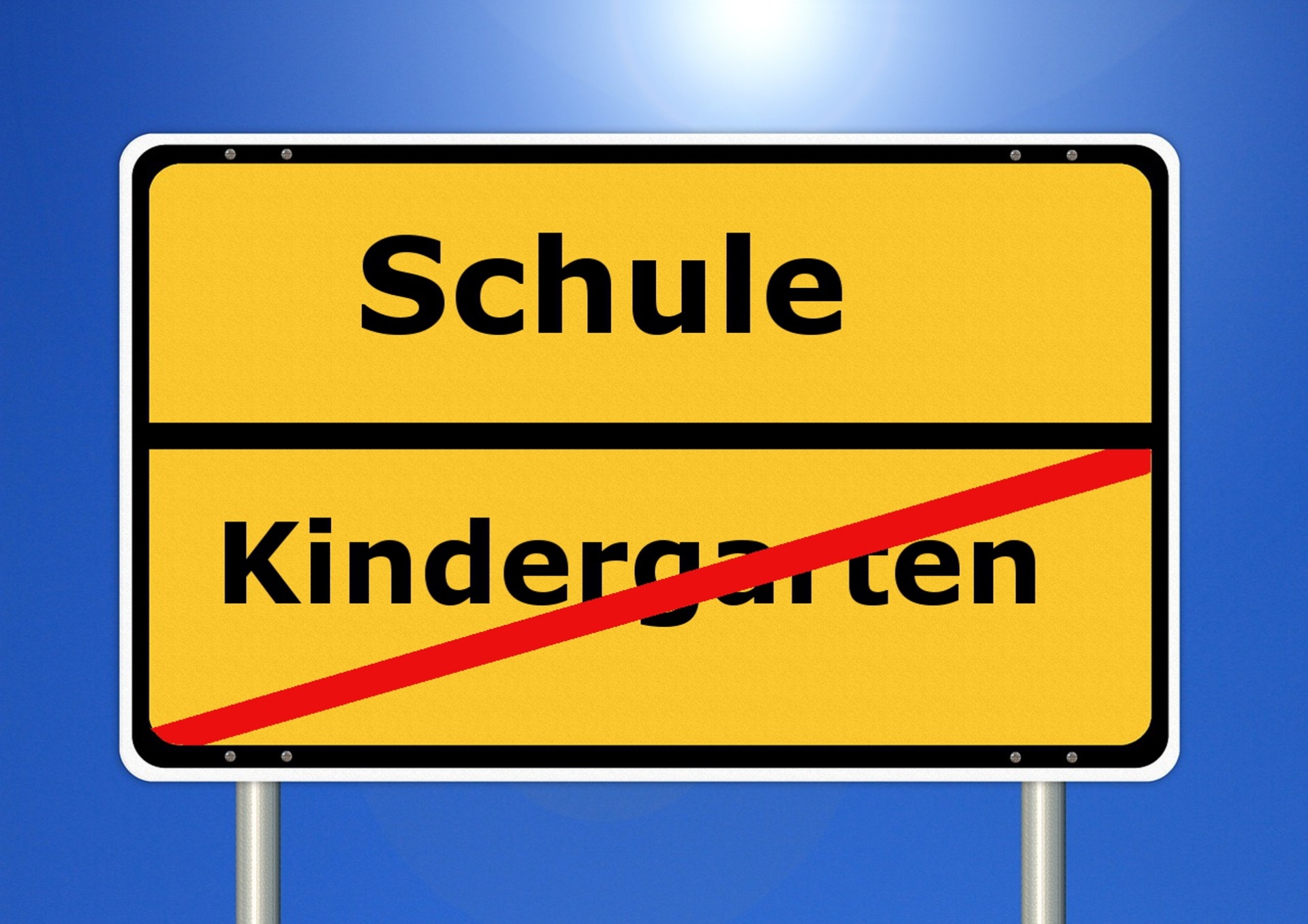Einem Ortsschild nachempfunden, steht im unteren Bereich eines gelben Schildes Kindergarten mit einem roten Strich darüber und oben steht Schule.