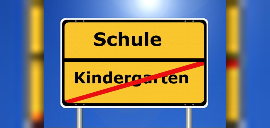 Einem Ortsschild nachempfunden, steht im unteren Bereich eines gelben Schildes Kindergarten mit einem roten Strich darüber und oben steht Schule.