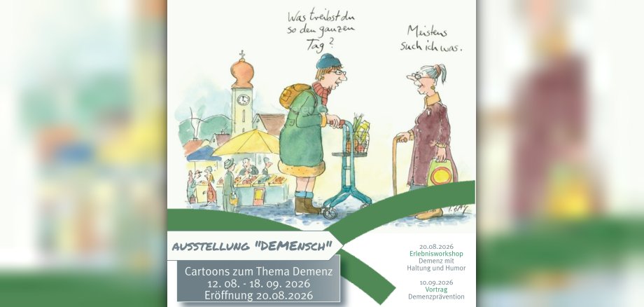 Ausstellung DEMENSCH Grafik Eine Karikatur, die in der Ausstellung zu sehen ist, ist mit den Angaben zu Zeit und Ort grafisch dargestellt.