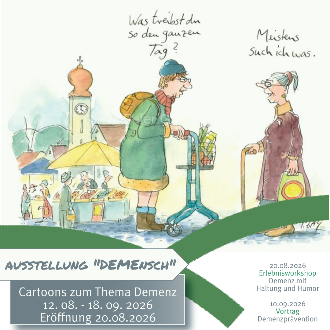 Ausstellung DEMENSCH Grafik Eine Karikatur, die in der Ausstellung zu sehen ist, ist mit den Angaben zu Zeit und Ort grafisch dargestellt.
