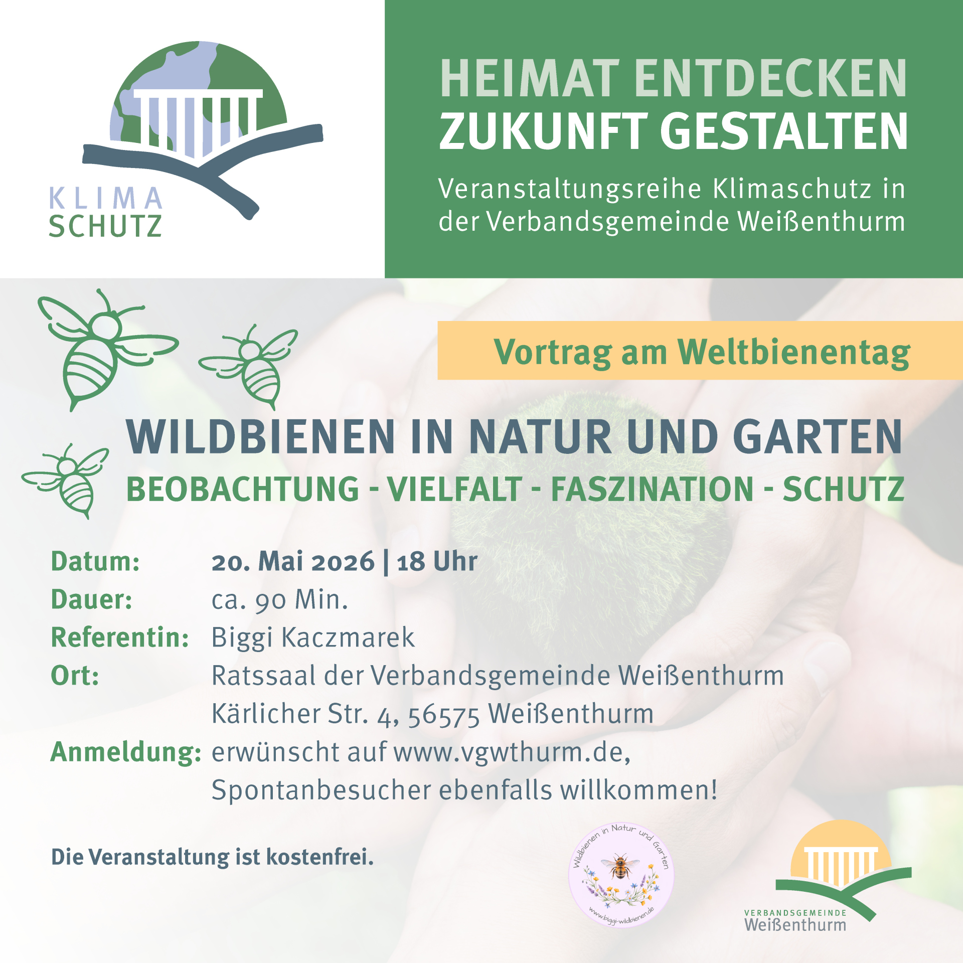 Die Hinweise zum Wildbienenvortrag sind im Design der Klimaschutzreihe dargestellt. 