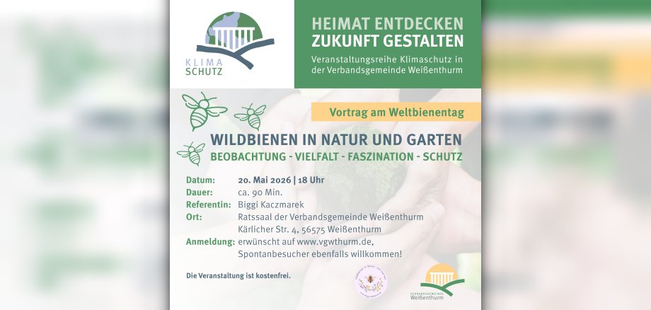 Die Hinweise zum Wildbienenvortrag sind im Design der Klimaschutzreihe dargestellt. 