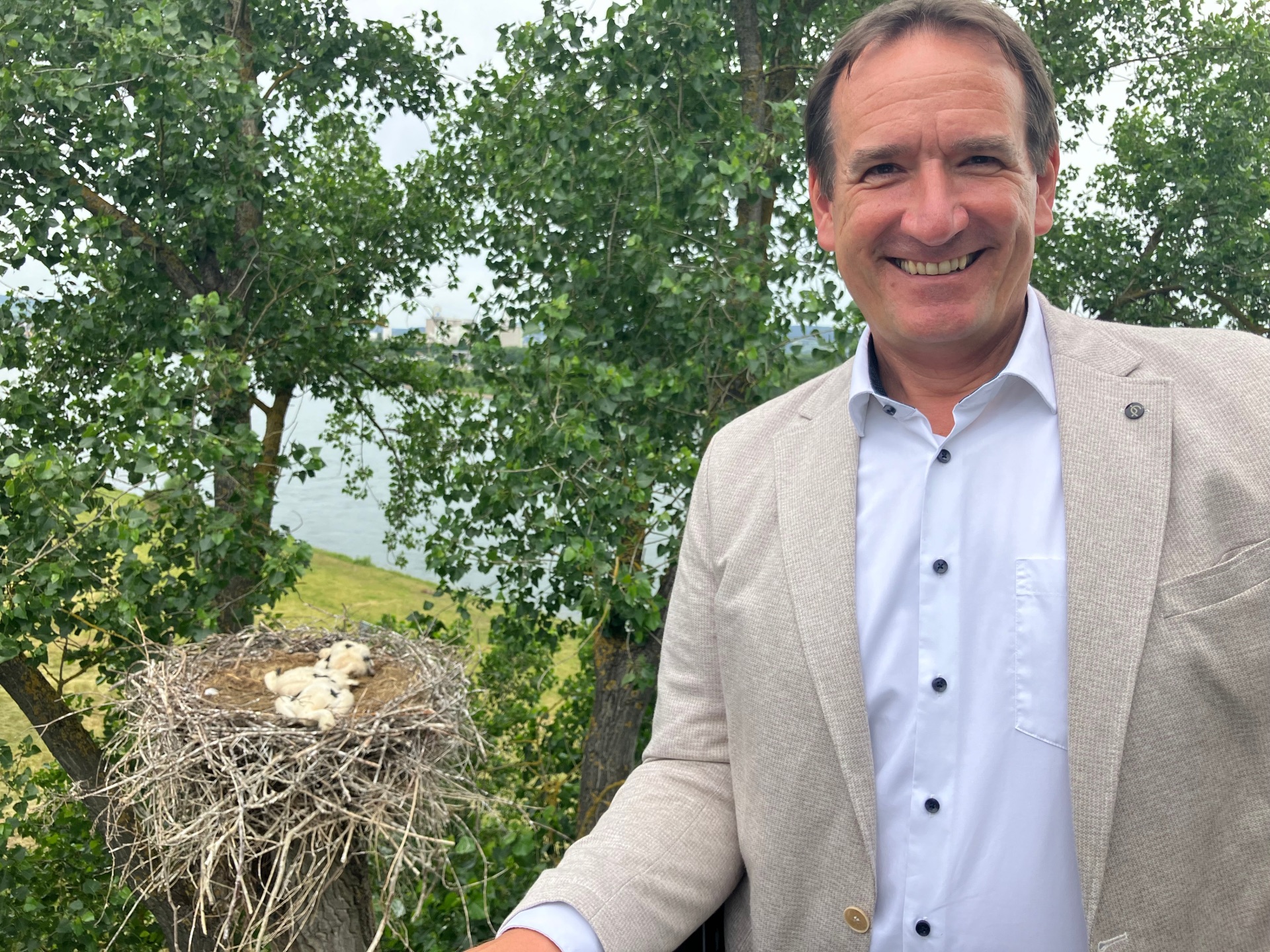 Weißstörche Bürgermeister Przybylla Bürgermeister Thomas Przybylla steht in luftiger Höhe auf einer Arbeitsbühne, hinter ihm drei Jungstörche in einem Horst.
