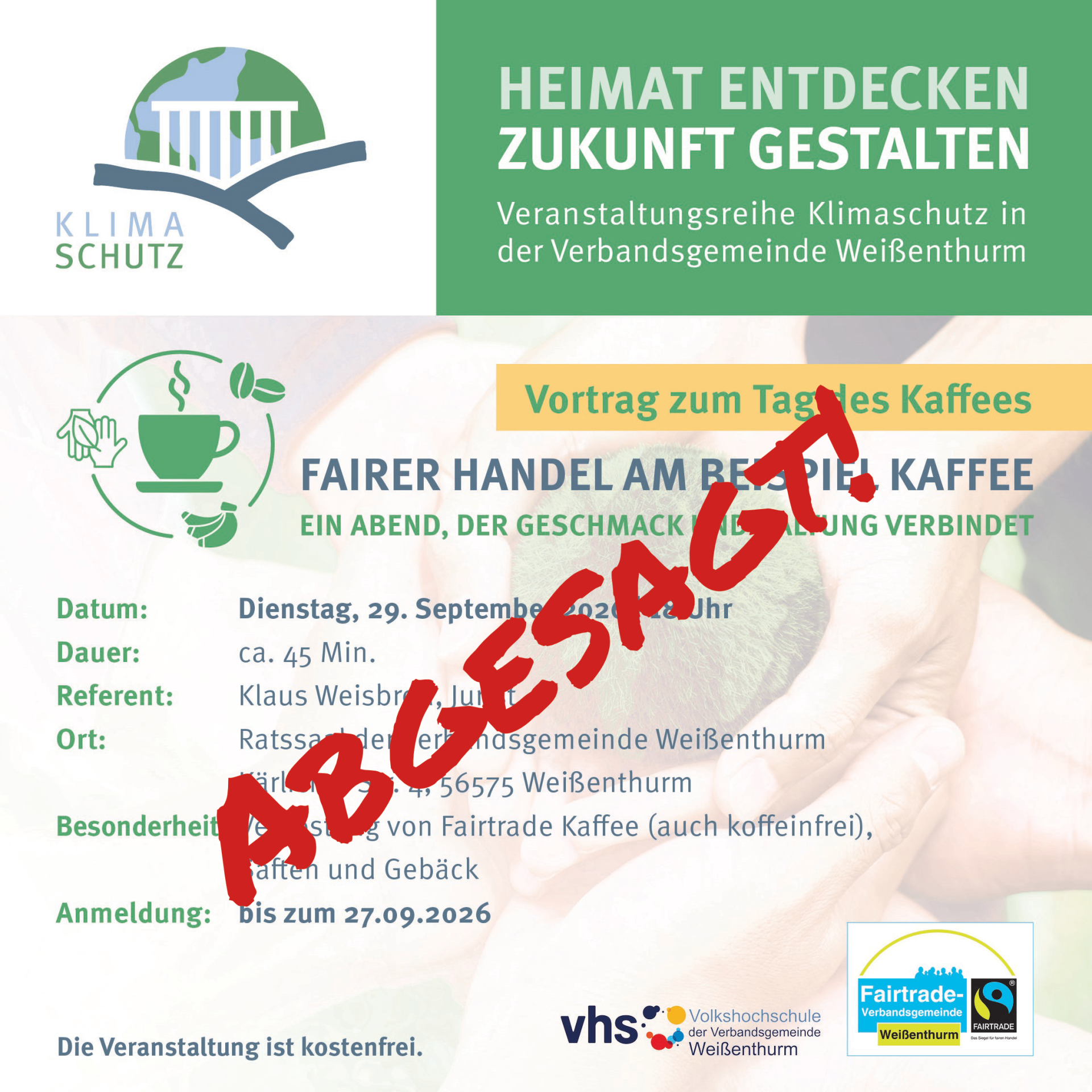 Vortrag fairtrade Kaffee Grafik Im Design der Veranstaltungsreihe "Heimat entdecken - Zukunft gestalten" sind die Angaben zum Vortrag über fairen Kaffee aufgeführt.