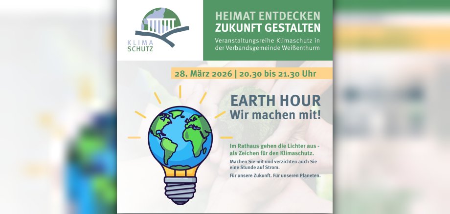 Im Design der Klimaschutzreihe "Heimat entdecken - Zukunft gestalten" stehen neben einer Glühbirne in Form des Erdballs die Details zu der Aktion. 