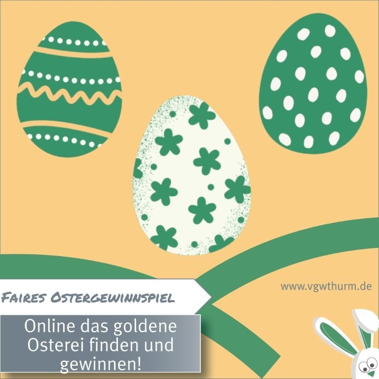 Auf gelbem Grund sind weiß-grüne Ostereier platziert, darunter der Hinweis auf das Oster-Gewinnspiel.