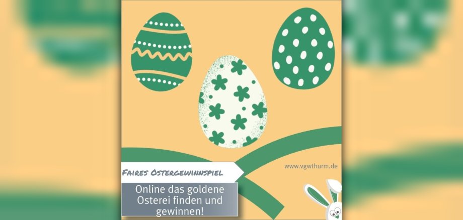 Auf gelbem Grund sind weiß-grüne Ostereier platziert, darunter der Hinweis auf das Oster-Gewinnspiel.