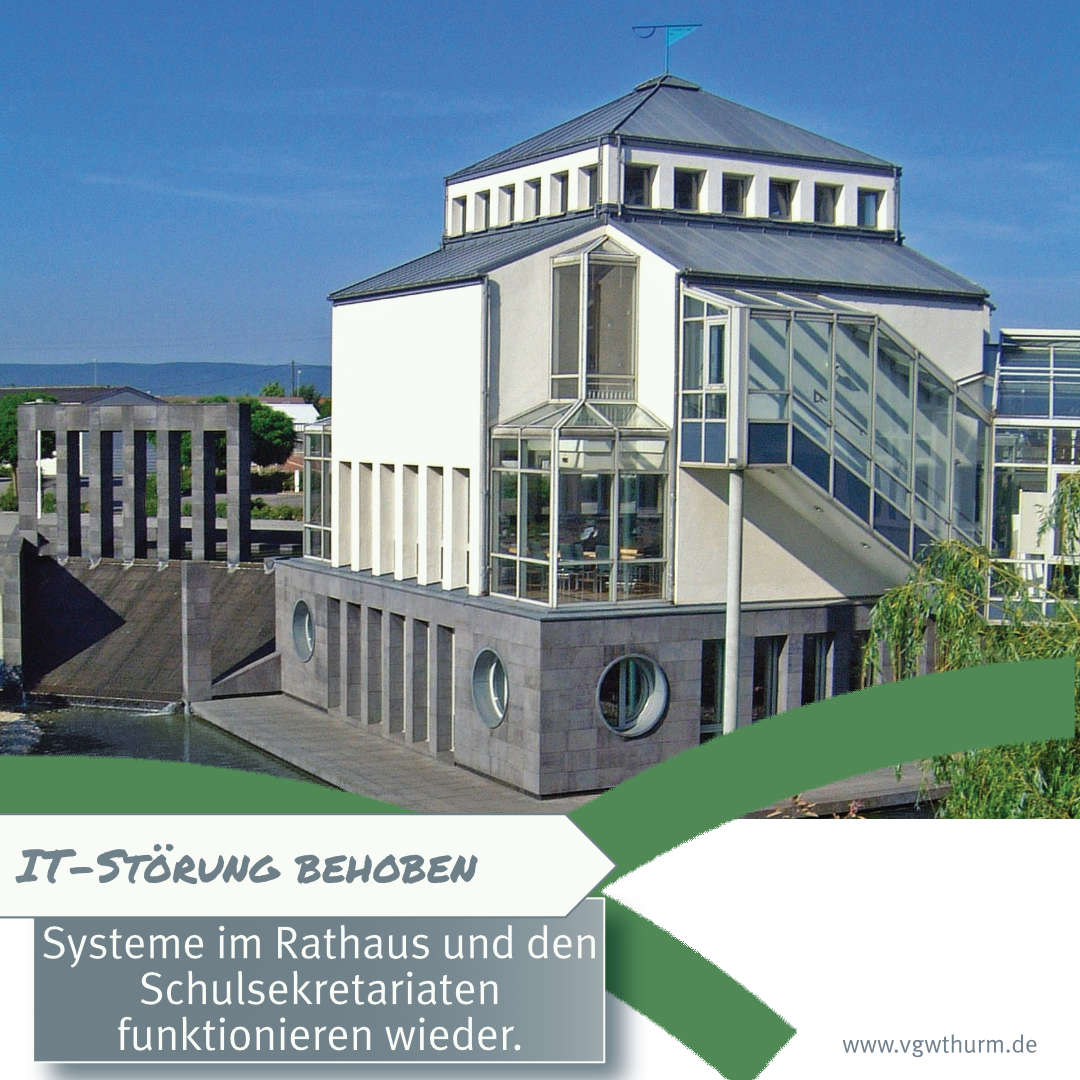 IT-Störung behoben Grafik Mit dem Bild des Rathauses wird kommuniziert, dass die Störung in der IT-Infrastruktur behoben ist und alle Systeme wieder arbeiten.