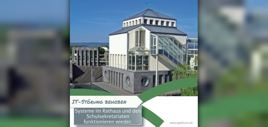 IT-Störung behoben Grafik Mit dem Bild des Rathauses wird kommuniziert, dass die Störung in der IT-Infrastruktur behoben ist und alle Systeme wieder arbeiten.