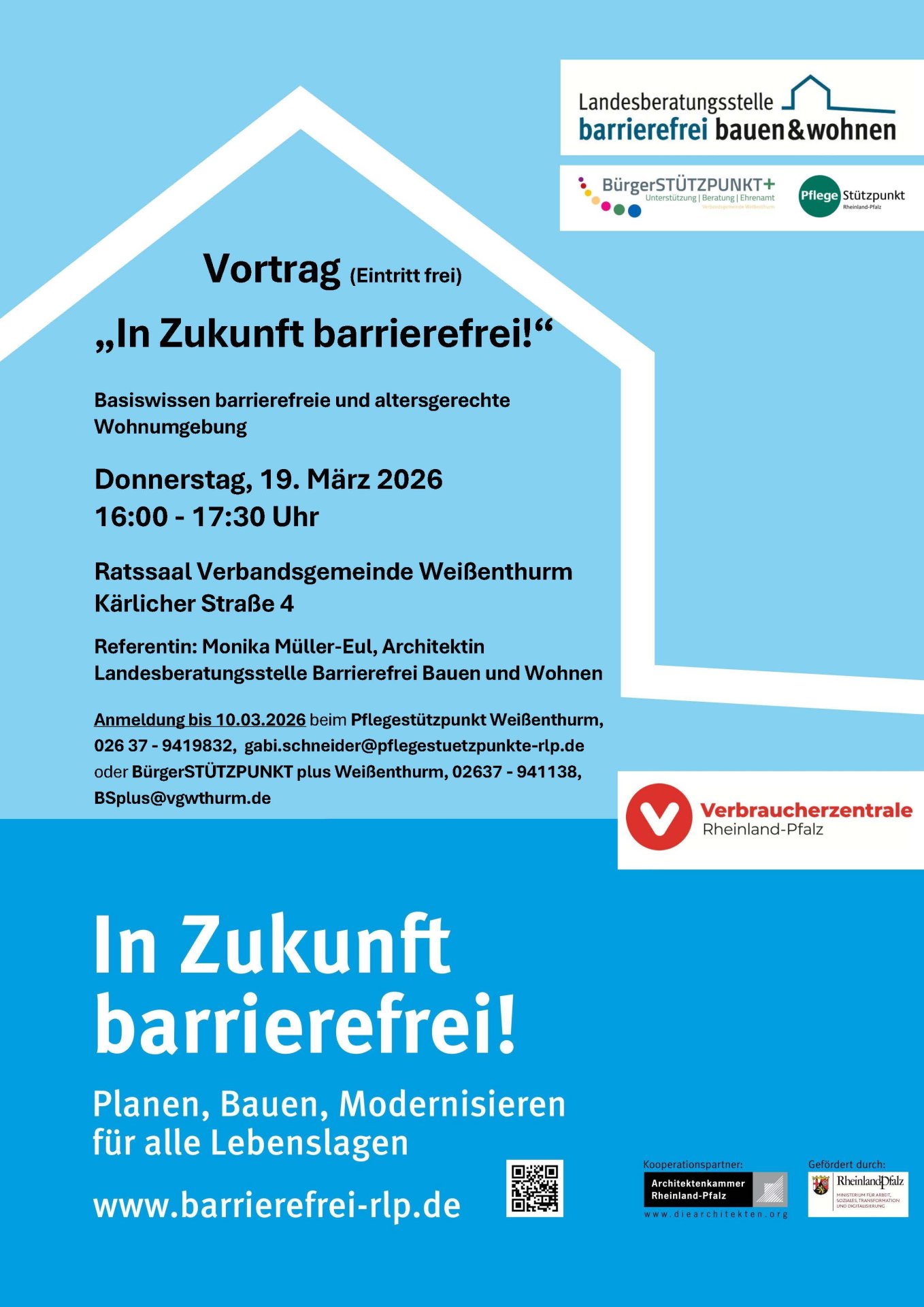 Vortrag barrierefrei bauen Plakat vor der Silhouette eines Hauses auf blauem Grund mit den Informationen zum Vortrag.